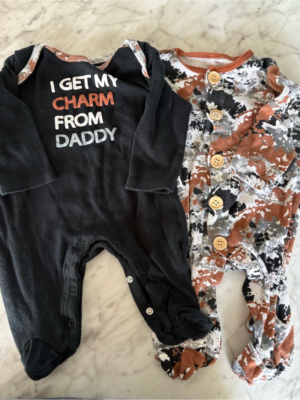 Bloomin’ Baby Black and Brown Camo Coordinating One-Piece Footie Pair- 3-6m